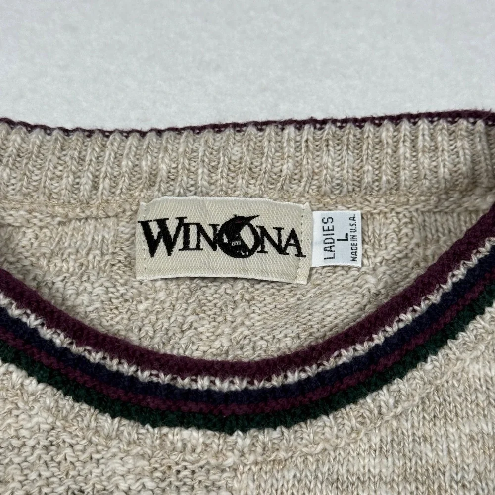 Vintage Winona Golf Embroidered Knit Sweater Womens Large Oatmeal Argyle USA